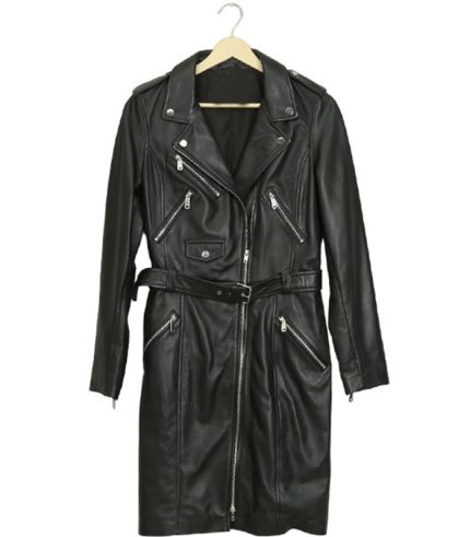 Women Long Black Leather Coat