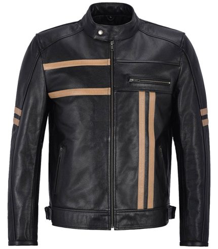 Men Beige Stripes Black Motorcycle Leather Jacket