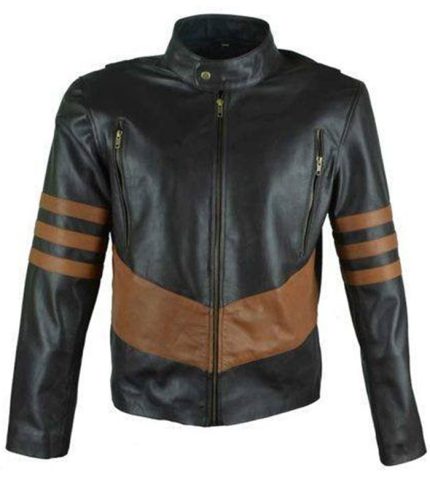 Men Brown Stripes Cafe Racer Leather Jacket