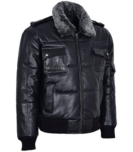 Men Fur Collar Black Puffer Leather Jacket 1