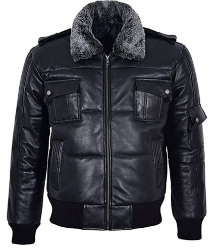 Men Fur Collar Black Puffer Leather Jacket