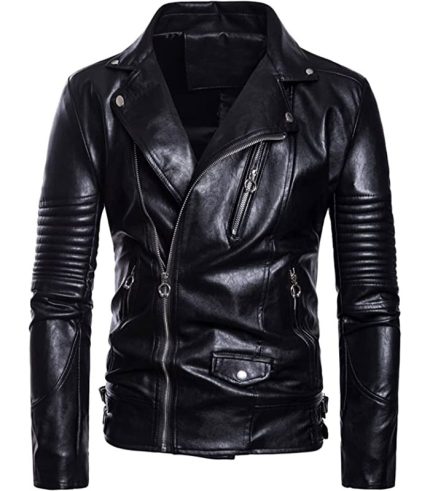 Men Lapel Slim Fit Motorcycle Leather Jacket
