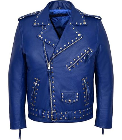 Men MBF Stud Brando Blue Cowhide Leather Jacket