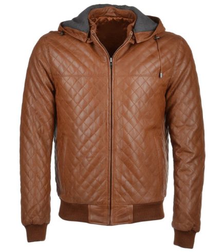 Men Quilted Detachable Hooded Bomber Brown Jacket