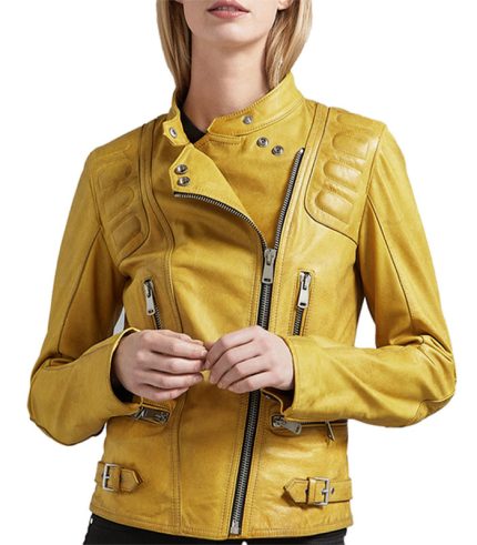 Women Biker Bright Yellow Leather Jacket
