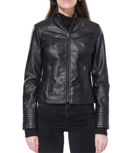 Women Biker Style Black Leather Jacket