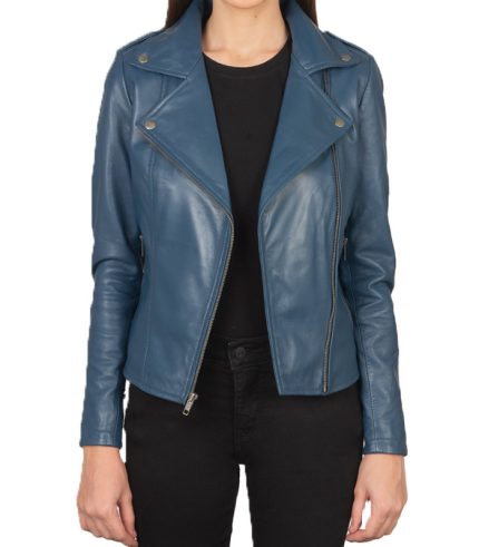 Women Flashback Blue Leather Motorcycle Jacket