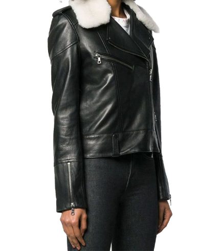 Women Fur Collar Black Aviator Biker Leather Jacket 1