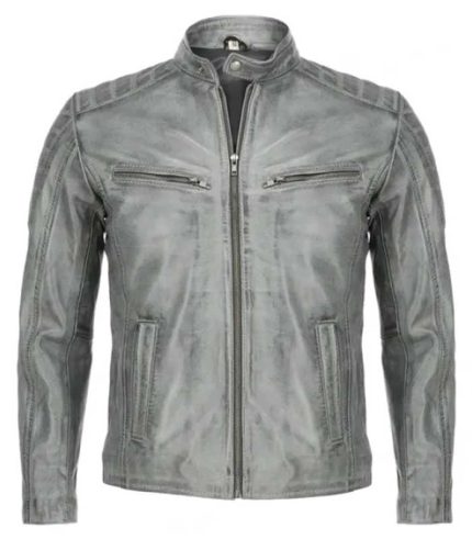 Men Antique Waxed Grey Leather Jacket