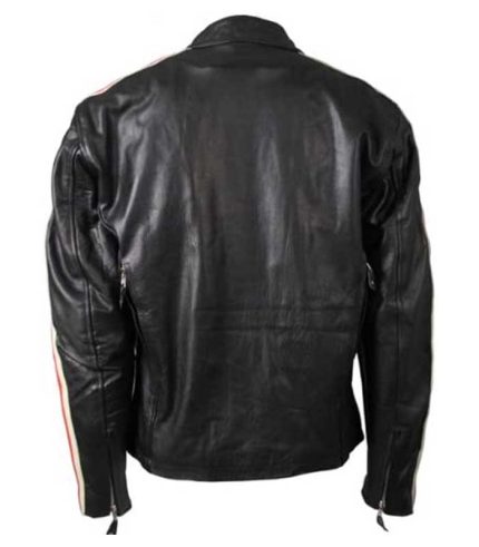 Men Arm Stripes Black Leather Jacket 1