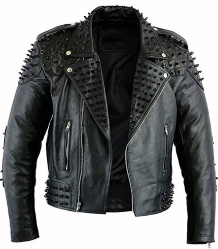 Men Sheepskin Black Metal Studded Jacket