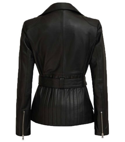 Women Asymmetrical Black Belted Style Moto Jacket 1