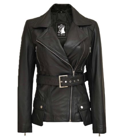 Women Asymmetrical Black Belted Style Moto Jacket