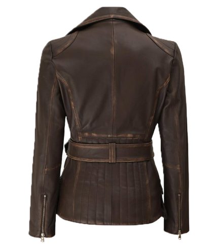 Women Asymmetrical Brown Belted Style Moto Jacket 1