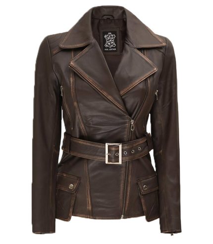 Women Asymmetrical Brown Belted Style Moto Jacket