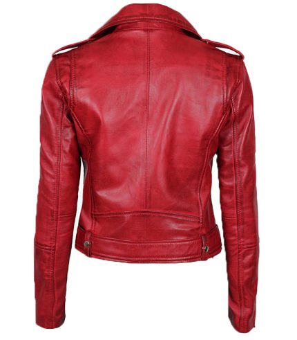 Women Asymmetrical Leather Red Biker Jacket 1