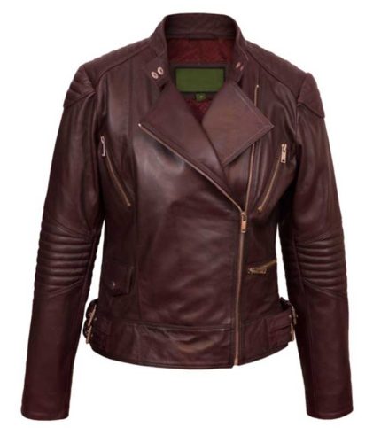 Women Burgundy Leather Biker Jacket