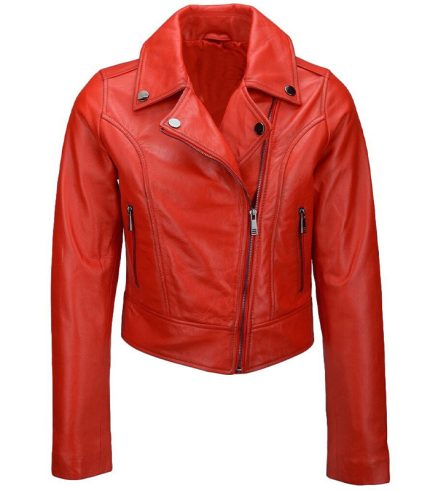 Women Classic Red Short Slim Fit Biker Jacket