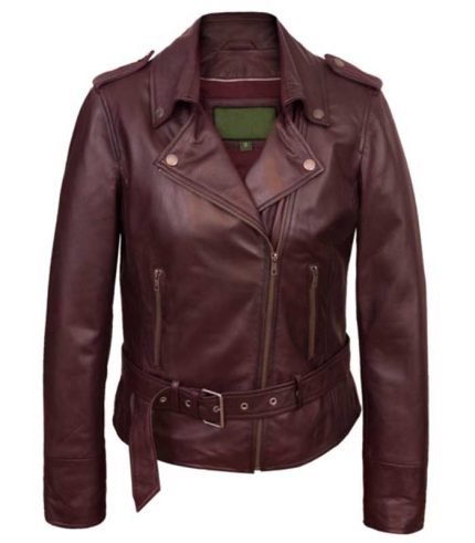 Women Burgundy Biker Style Leather Jacket