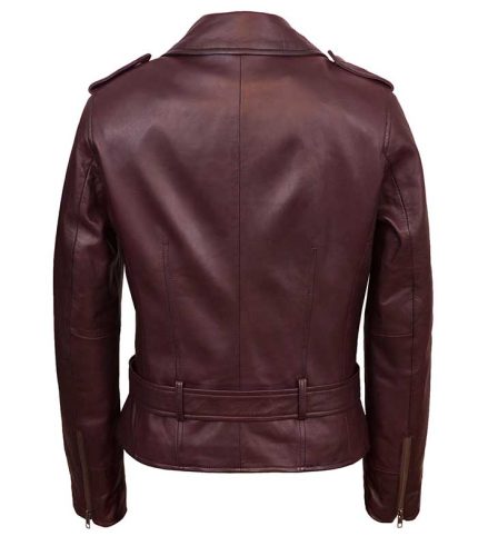 Women Burgundy Biker Style Leather Jacket 1