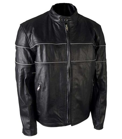 Men Reflective Piping Black Leather Jacket