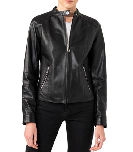 Women Biker Style Casual Black Leather Jacket