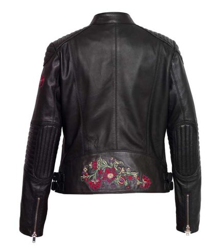 Women Black Embroidered Biker Leather Jacket 1