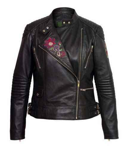 Women Black Embroidered Biker Leather Jacket