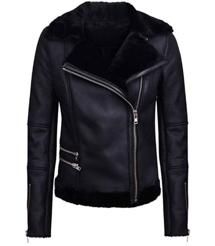 Women Fur Collar Biker Aviator Style Black Jacket