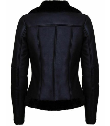 Women Fur Collar Biker Aviator Style Black Jacket 1