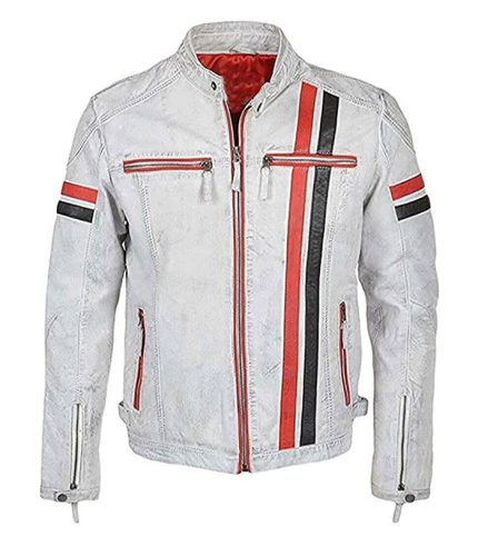 Men Vintage Cafe Racer Retro White Cowhide Motorcycle Jacket