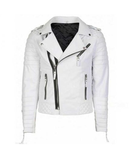 Men White Motorcycle Racer Leather Jacket