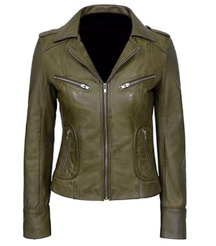 Women Classic Olive Green Biker Leather Jacket