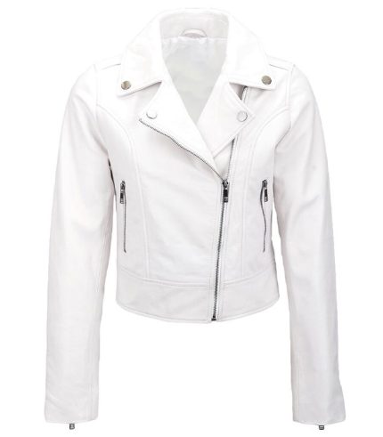 Women Classic White Short Slim Fit Biker Jacket