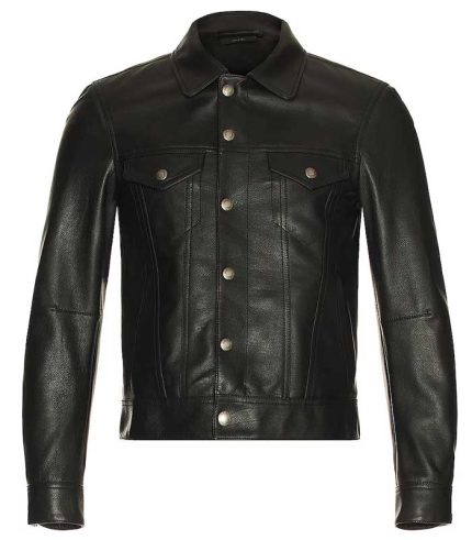 Men Black Leather Zip Jean Jacket