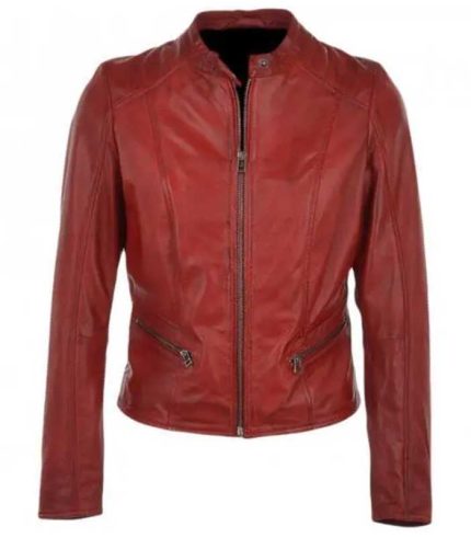 Women Bloom Maroon Biker Leather Jacket