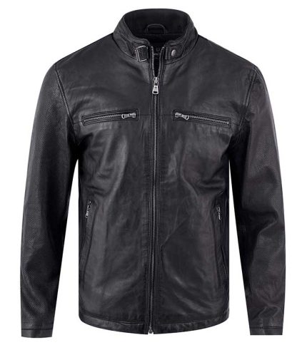 Men Simple Black Biker Leather Jacket