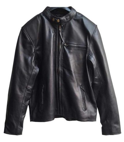Men Upper Zip Plain Black Leather Jacket