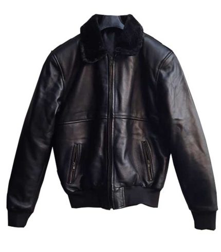 Men Fur Collar Black Leather Jacket