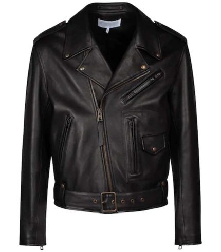 Women Belted Black Leather Biker Jacket