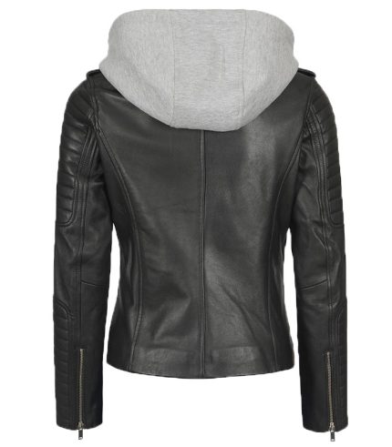 Women Black Hooded Biker Leather Jacket 1