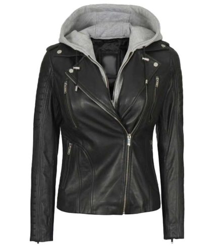 Women Black Hooded Biker Leather Jacket