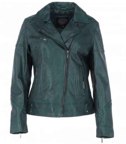 Women Dark Green Biker Leather Jacket
